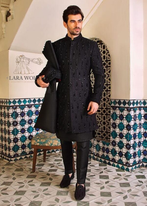 Black Traditional Sherwani - Image 3